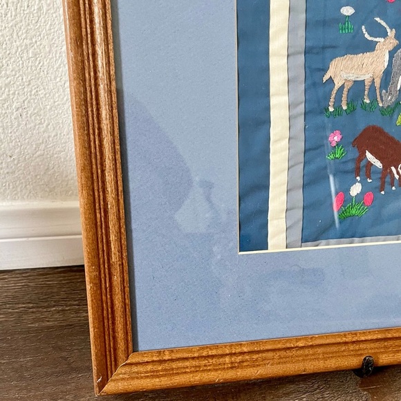 Framed Embroidered Animal Tree Art in Blue Mat 18/22 Inch - Picture 5 of 11